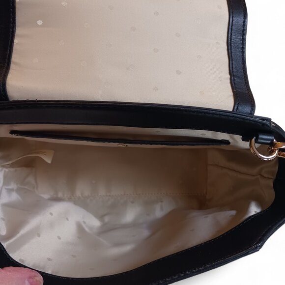 Kate Spade Black Leather Mini Flap Bag – Bow Turn-Lock Closure, Faux Pearl Chain - Picture 9 of 14